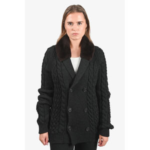 Prada Black Cable Knit Fur Collared Cardigan Size 50